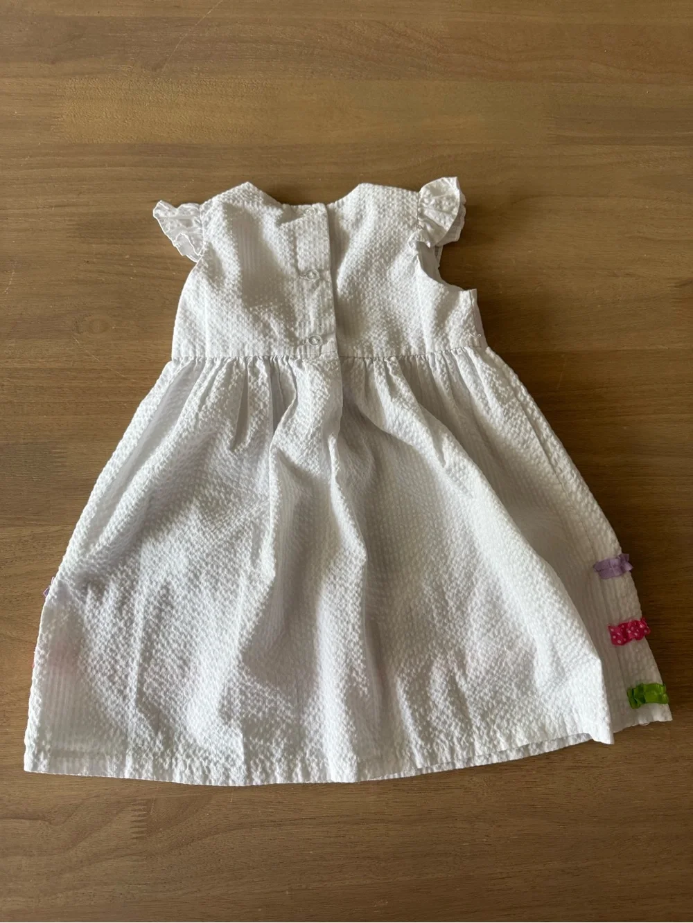 Vintage seer sucker White Girls' Party Dress with Pink Rose and Ribbon Trim
